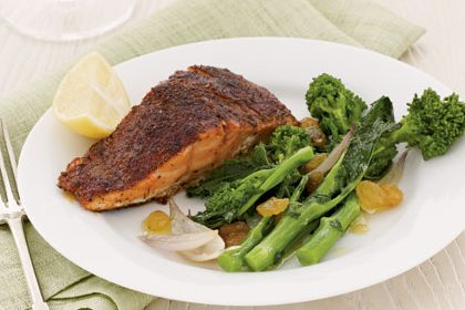 Blackened Salmon with Broccoli Rabe and Raisins