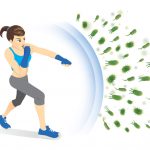 Healthy woman reflect bacteria attack with punching. Concept illustration about boost Immunity with Exercise.