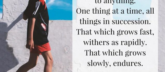 “There is no royal road to anything. One thing at a time, all things in succession. That which grows fast, withers as rapidly. That which grows slowly, endures.”– Josiah Gilbert Holland
