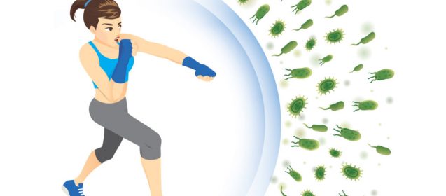 Healthy woman reflect bacteria attack with punching. Concept illustration about boost Immunity with Exercise.
